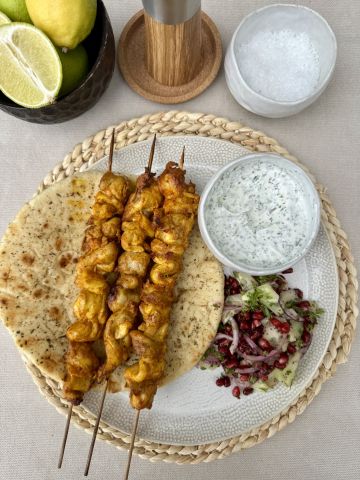Air Fryer Chicken Kebab with Mint Yogurt & Pomegranate Salad 